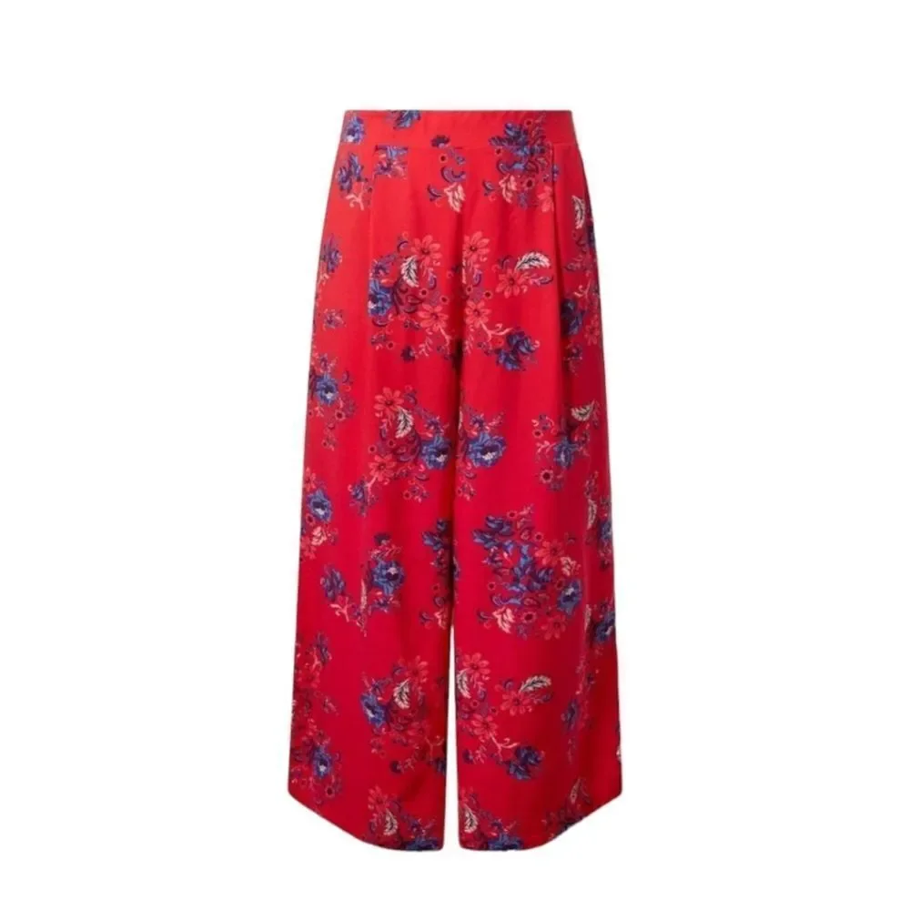 TORRID Red Floral challis button down crop top with  pull on pant set NWT